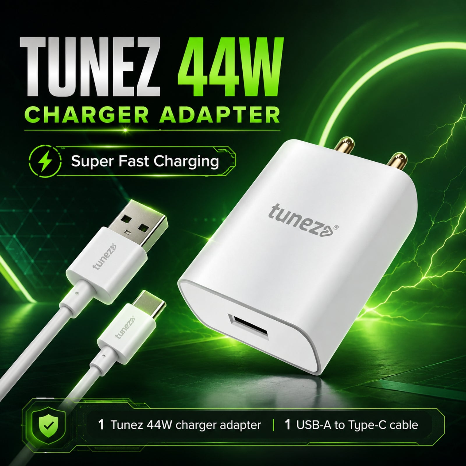 Tunez W172 Super Fast Phone Charger with USB-A to Type-C Data Cable