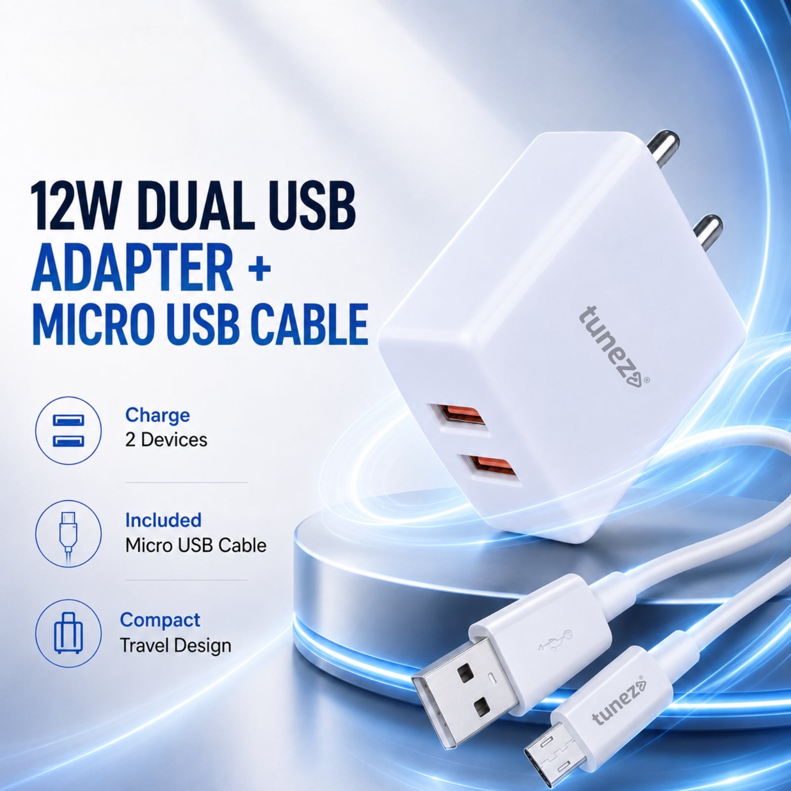 Tunez W211 12W Fast Dual USB Mobile Charger with Type A Cable
