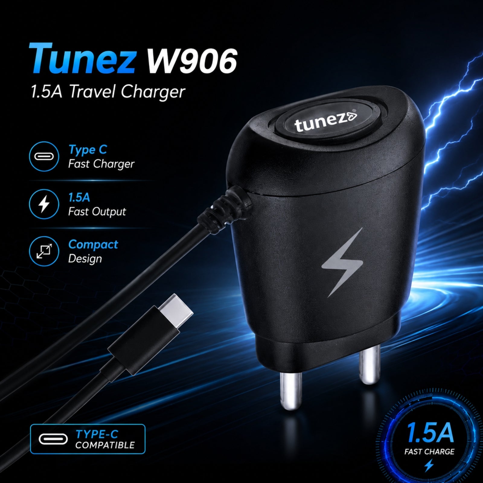 Tunez W906 – 1.5A Travel Charger | Type C Fast Charger