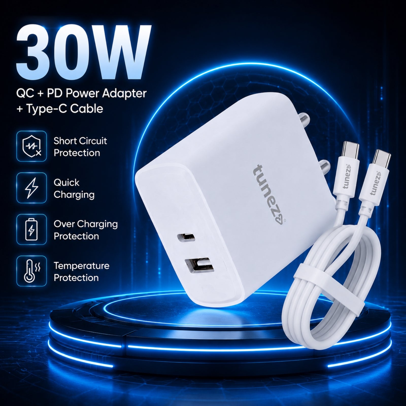 Tunez W542 30W QC Mobile Charger Adapter with Type A – Type C Cable