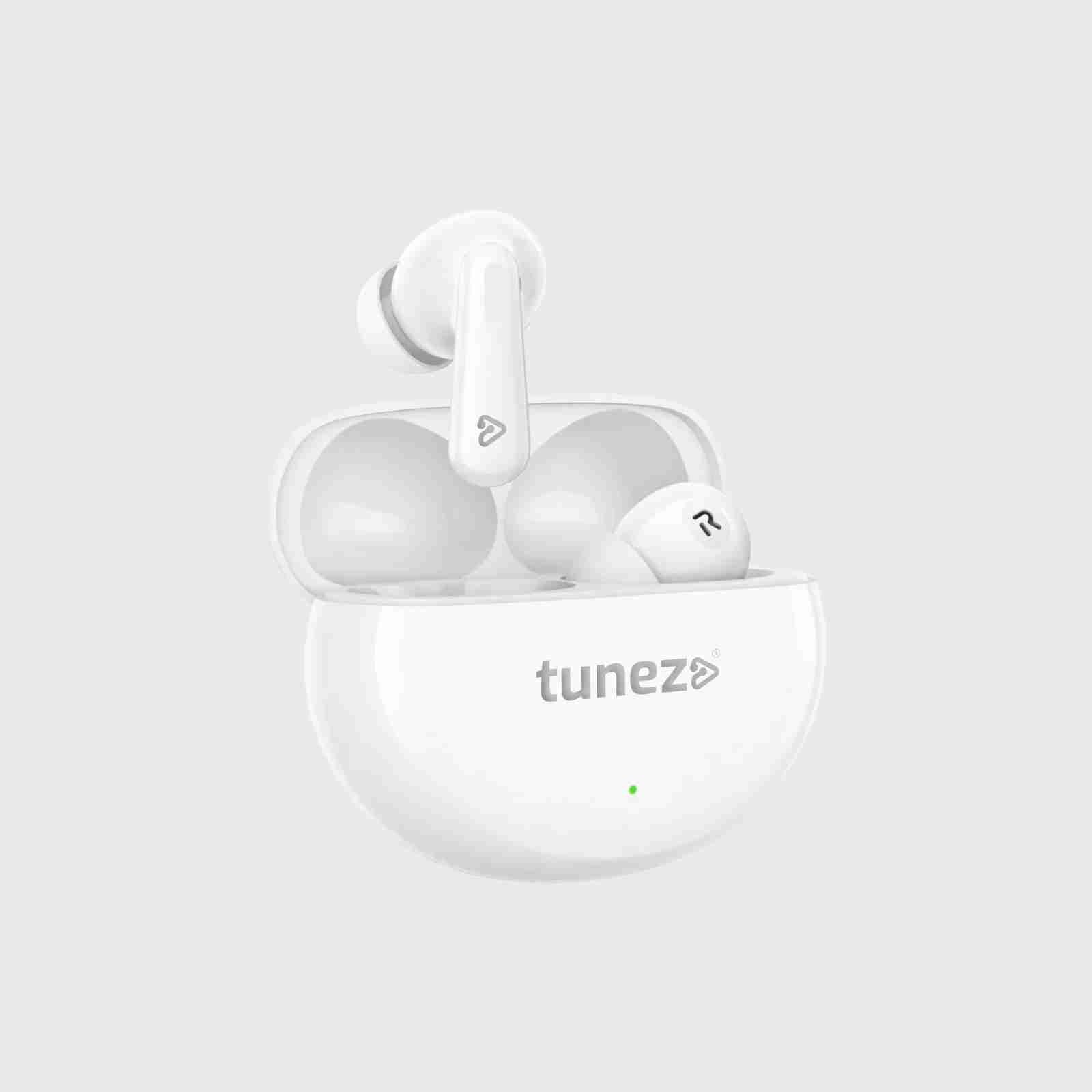 white wireless earbuds
