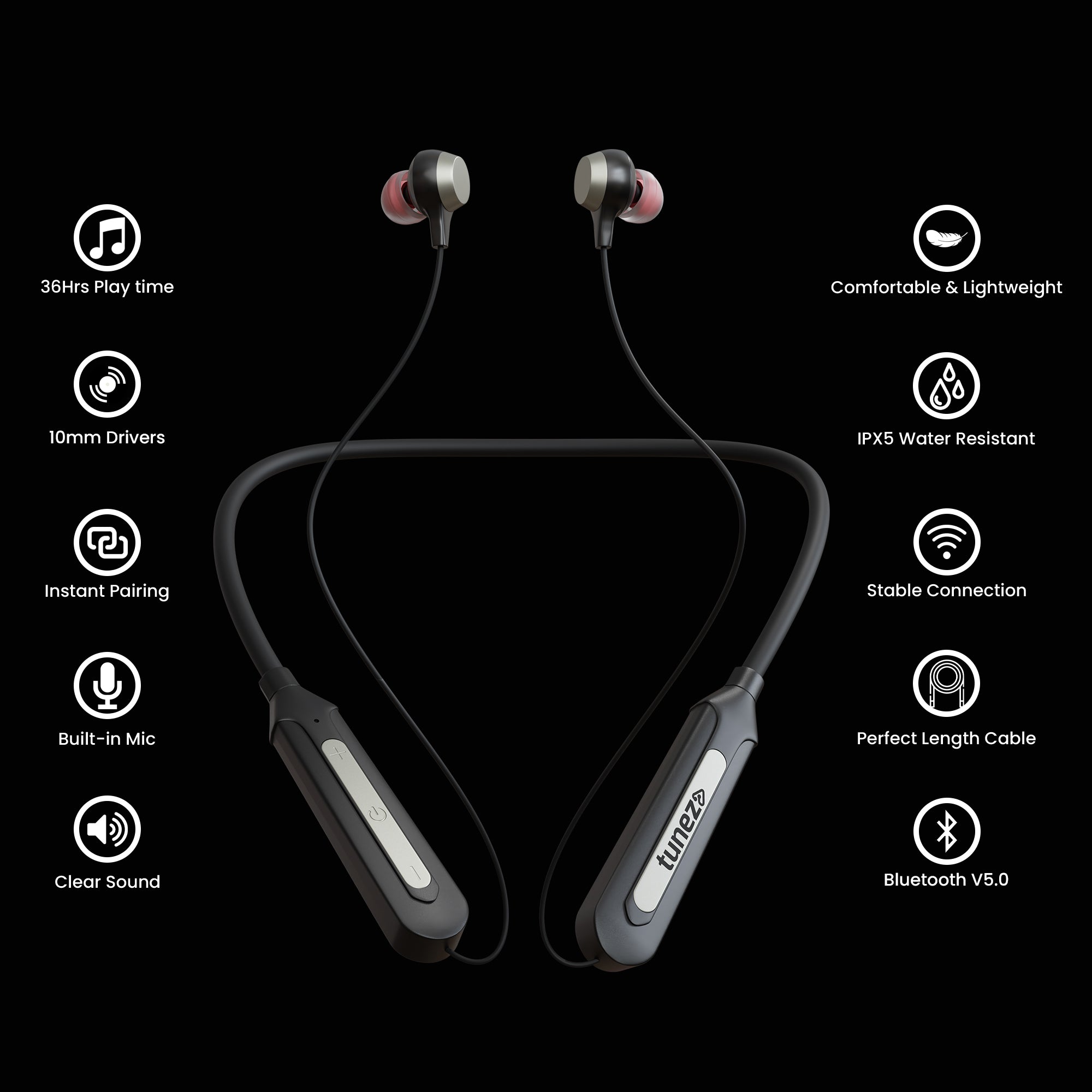 Tunez Rhythm R37 Wireless Bluetooth Earphone - Neck Band - tunez