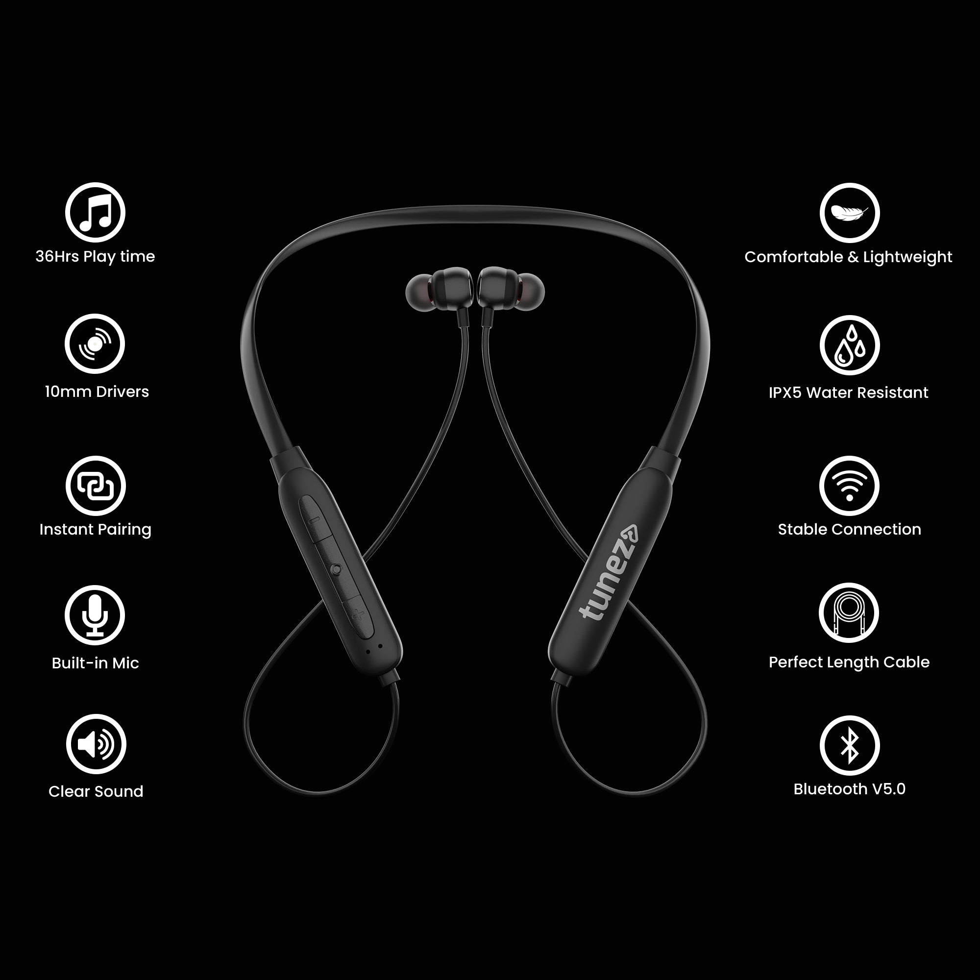 Tunez Rhythm R 13 Wireless Bluetooth Earphone - Neck Band - tunez