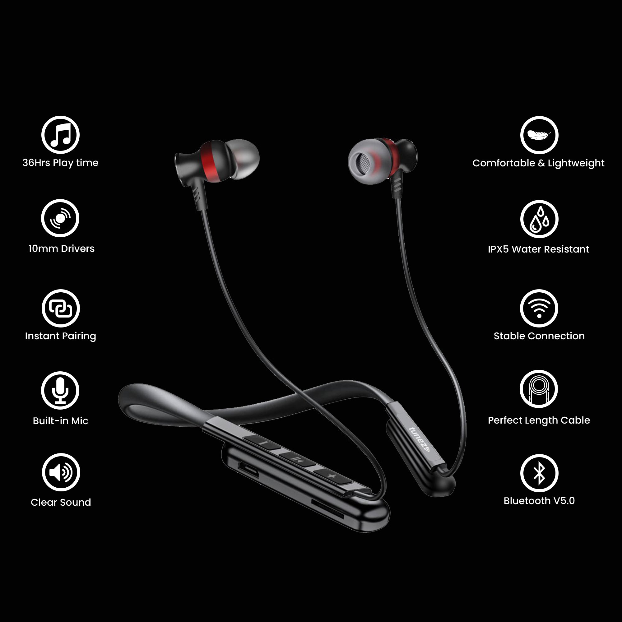 Tunez Rhythm R16 Wireless Bluetooth Earphone - Neck Band - tunez