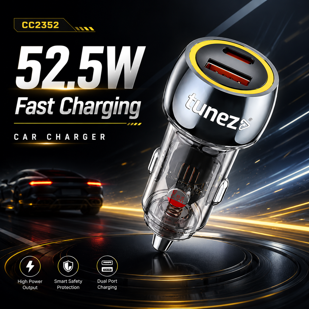 Tunez Energia C Series CC2352 Car Charger – 52.5W Fast Charging Dual Port