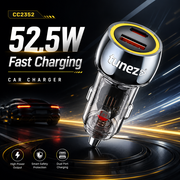 Tunez Energia C Series CC2352 Car Charger – 52.5W Fast Charging Dual Port