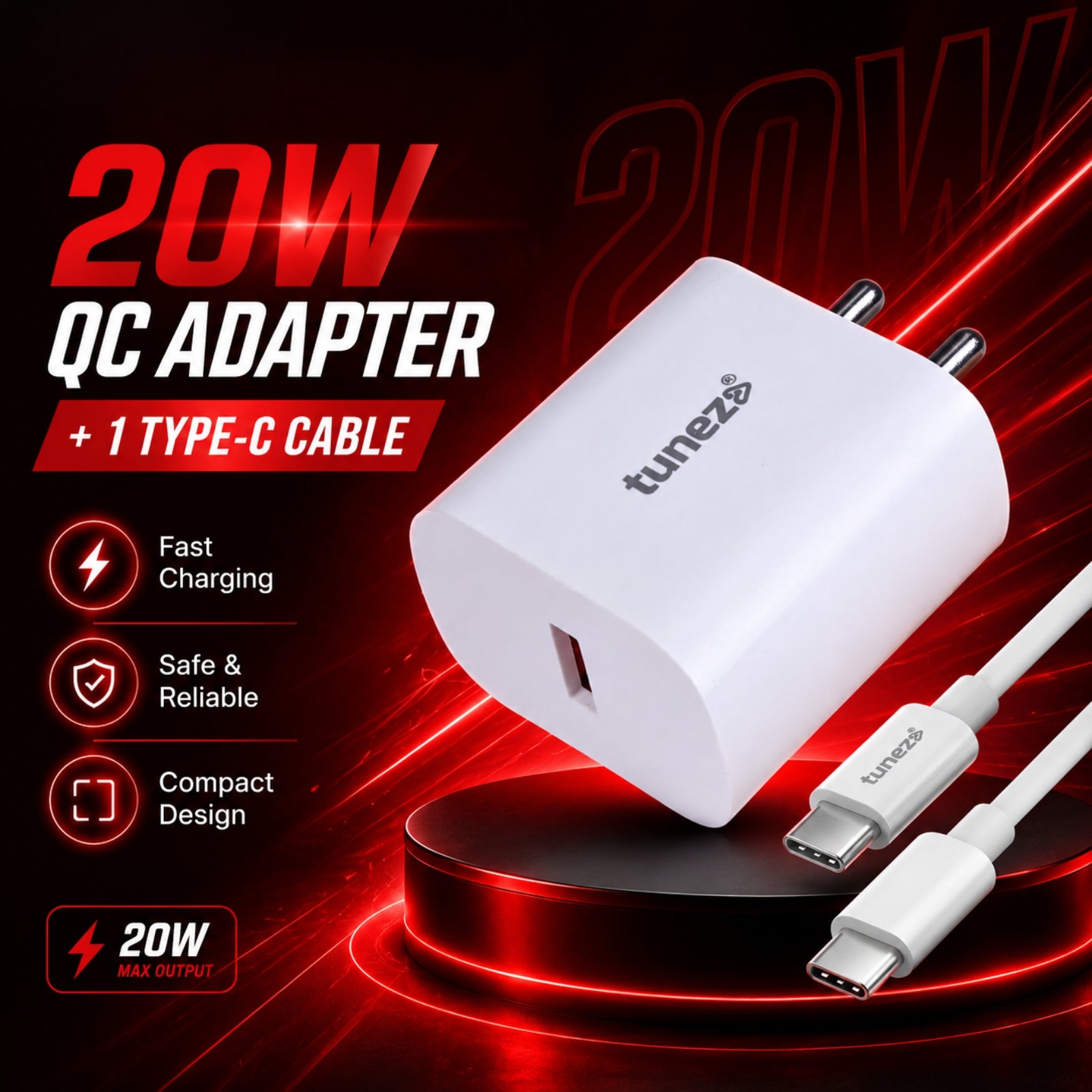 Tunez W132 20W QC Fast Mobile Charger Adapter with Type C Cable