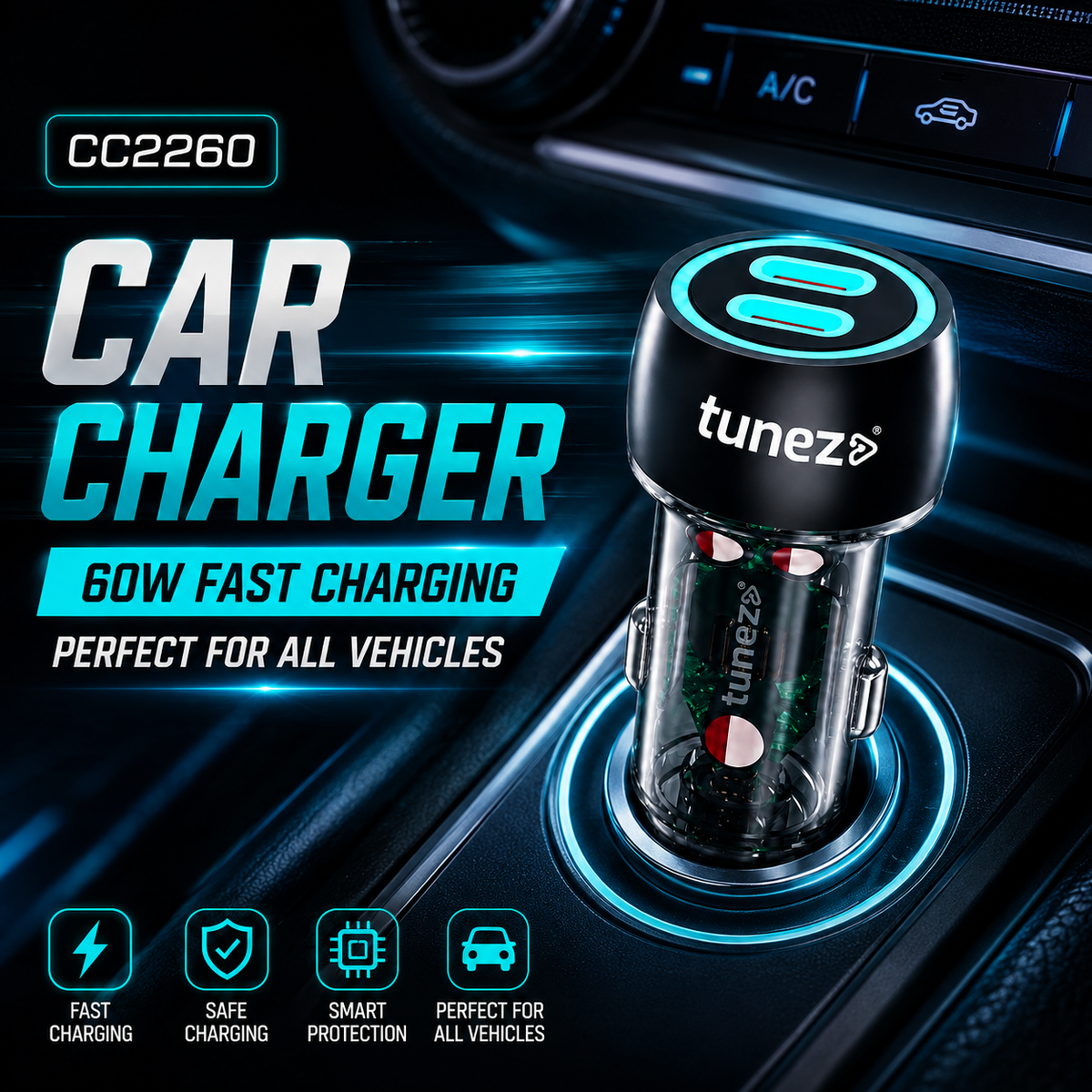 Tunez Energia C Series CC2260 Dual PD Car Charger – 60W Fast Charging