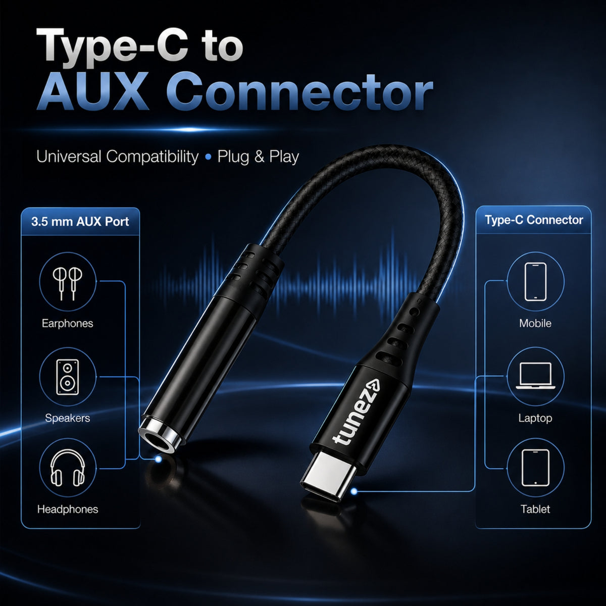 Tunez Nexus CB-80 Type C to 3.5 mm Audio Aux Cable with DAC