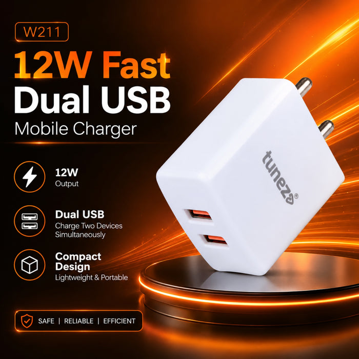 Tunez W212 12W  Dual USB  fast charging adaptor with Type C cable
