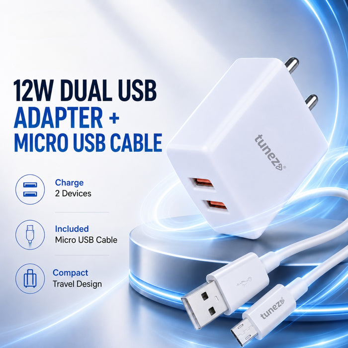 Tunez W211 12W Fast Dual USB Mobile Charger with Type A Cable