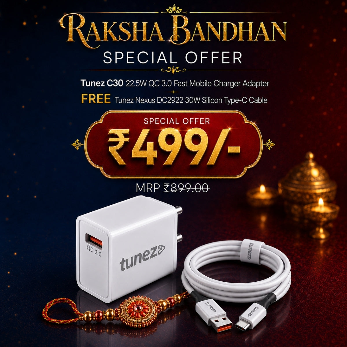 Raksha Bandhan - Tunez C30 Fast Charger + FREE DC2922 Cable