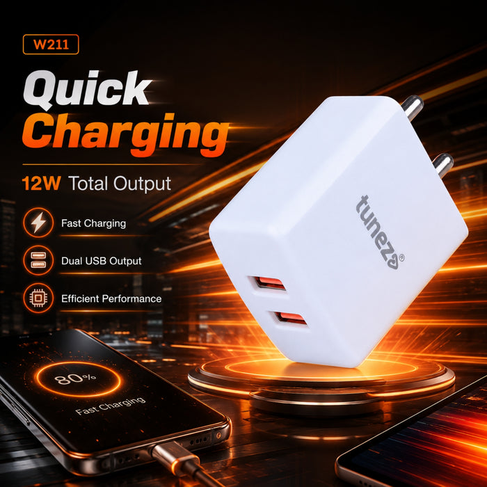 Tunez W212 12W  Dual USB  fast charging adaptor with Type C cable