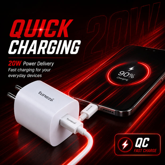 Tunez W132 20W QC Fast Mobile Charger Adapter with Type C Cable