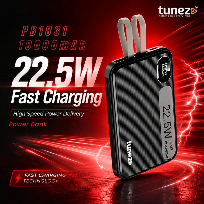 Tunez PB1831 10000mAh Power Bank | Inbuilt Charging Cables, 22.5W