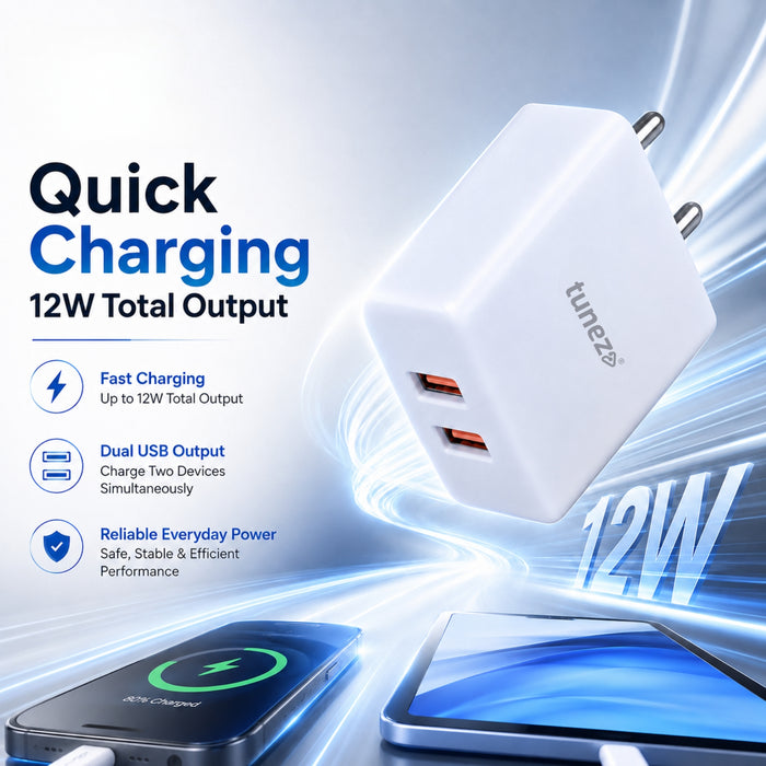 Tunez W211 12W Fast Dual USB Mobile Charger with Type A Cable