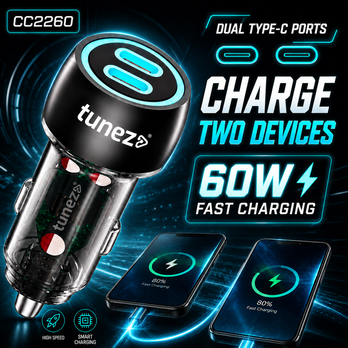Tunez Energia C Series CC2260 Dual PD Car Charger – 60W Fast Charging