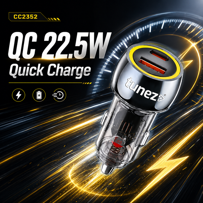 Tunez Energia C Series CC2352 Car Charger – 52.5W Fast Charging Dual Port