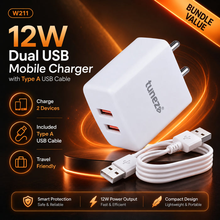 Tunez W212 12W  Dual USB  fast charging adaptor with Type C cable