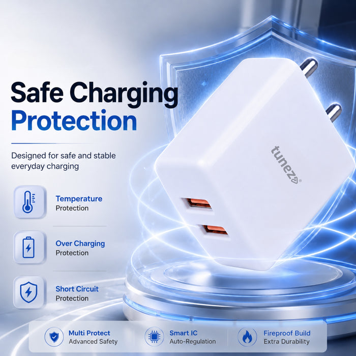 Tunez W211 12W Fast Dual USB Mobile Charger with Type A Cable