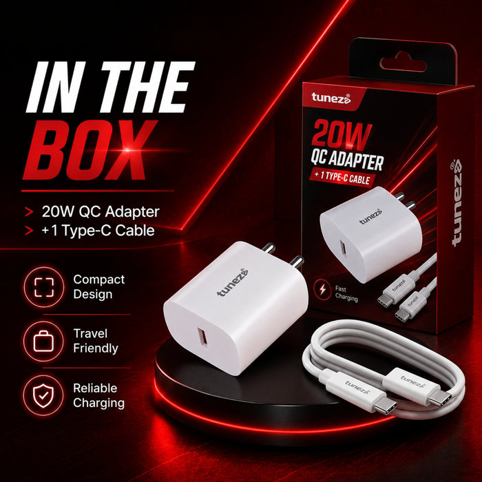 Tunez W132 20W QC Fast Mobile Charger Adapter with Type C Cable