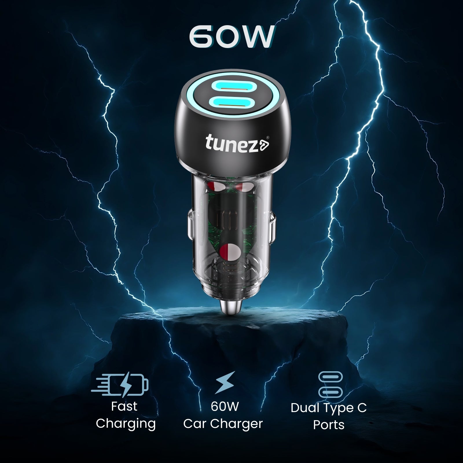 Tunez Energia C Series CC2260 Dual PD Car Charger – 60W Fast Charging