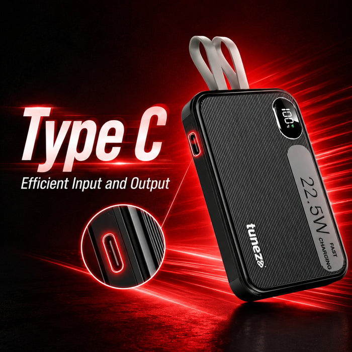 Tunez PB1831 10000mAh Power Bank | Inbuilt Charging Cables, 22.5W