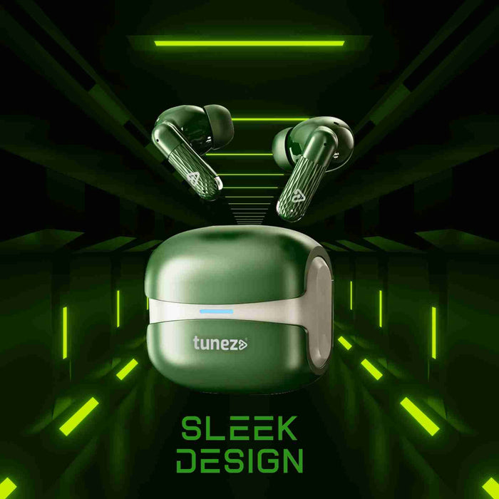 green wireless earbuds