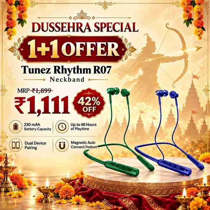 Tunez Rhythm R07 Wireless Neckband | 1+1 Dussehra Offer