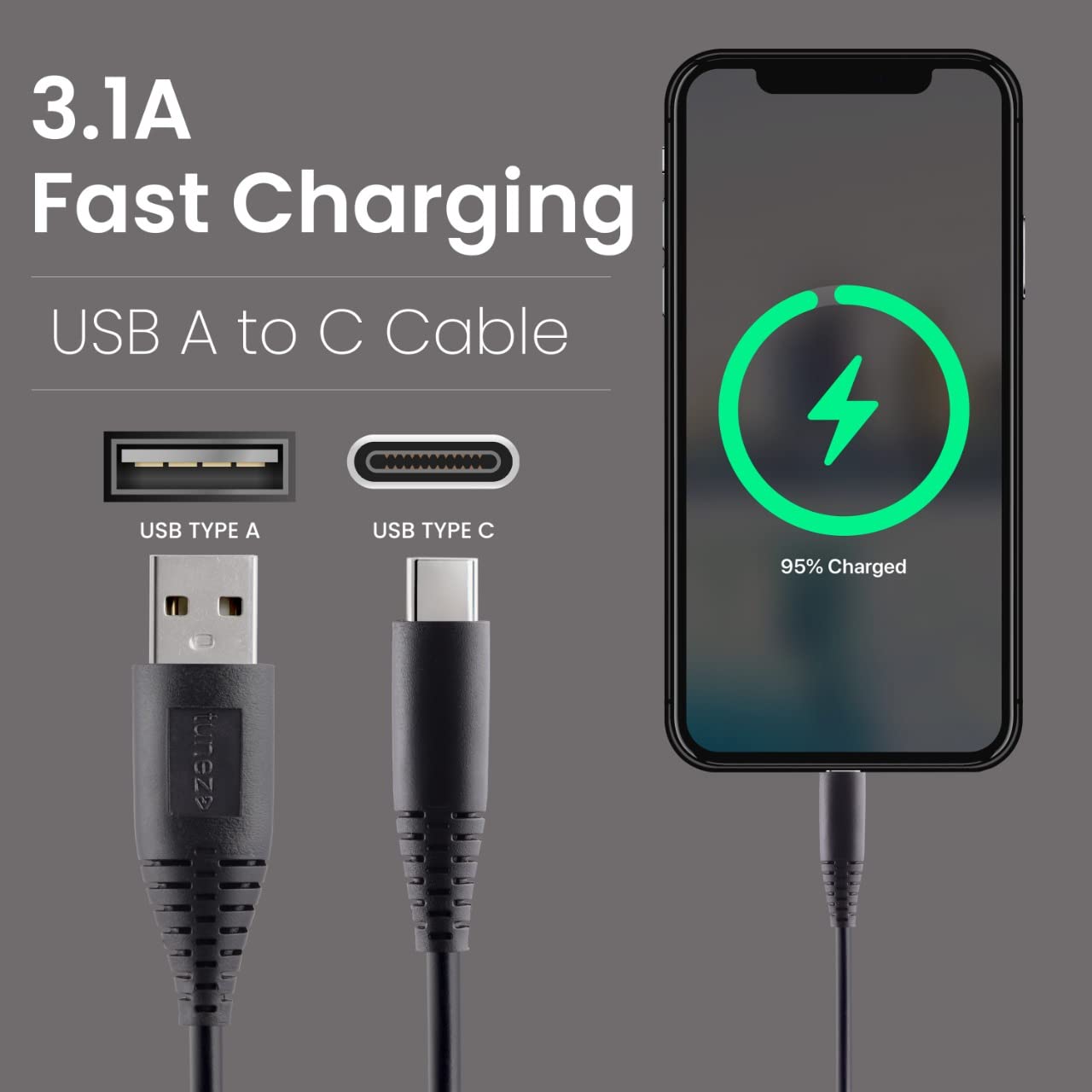 Tunez C-20 Fast Charging Type C  3.1A Data Cable - tunez